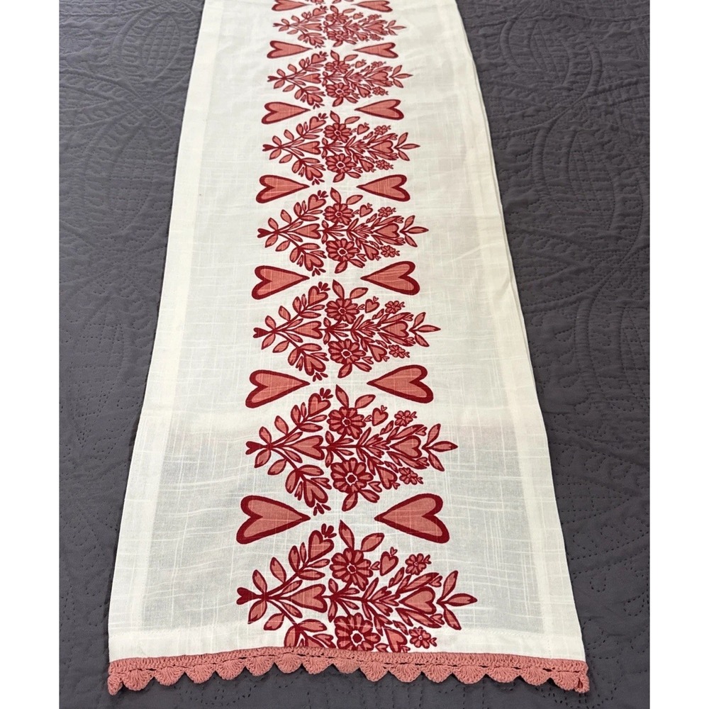 Opalhouse Pink Red White Crocheted Trim Heart Table Runner 72 X 14" Folk Farm